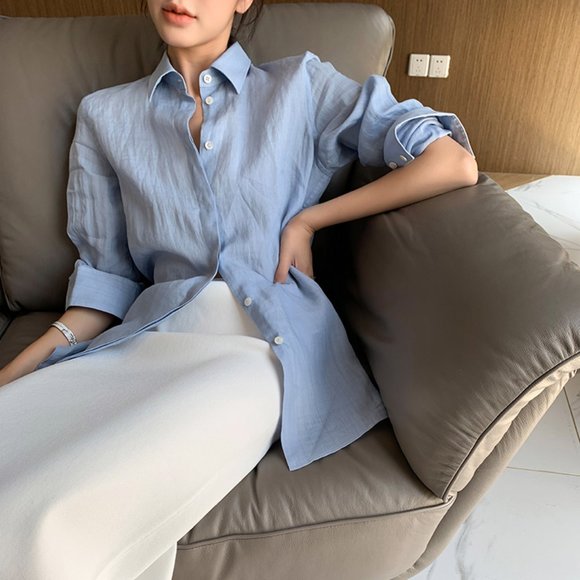 CHICJOC Women 100% Ramie Botton-down shirt size 36 in baby blue - Picture 12 of 16